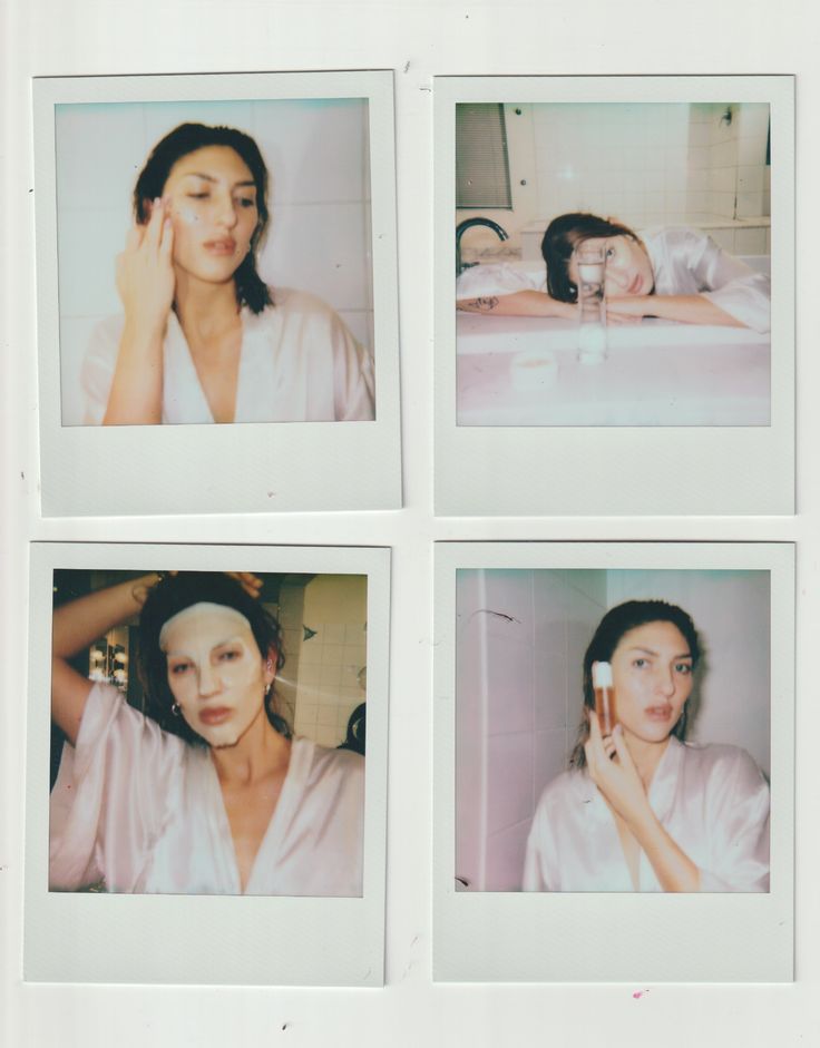 Photos de type "polaroids" montrant une femme faisant des soins de la peau.